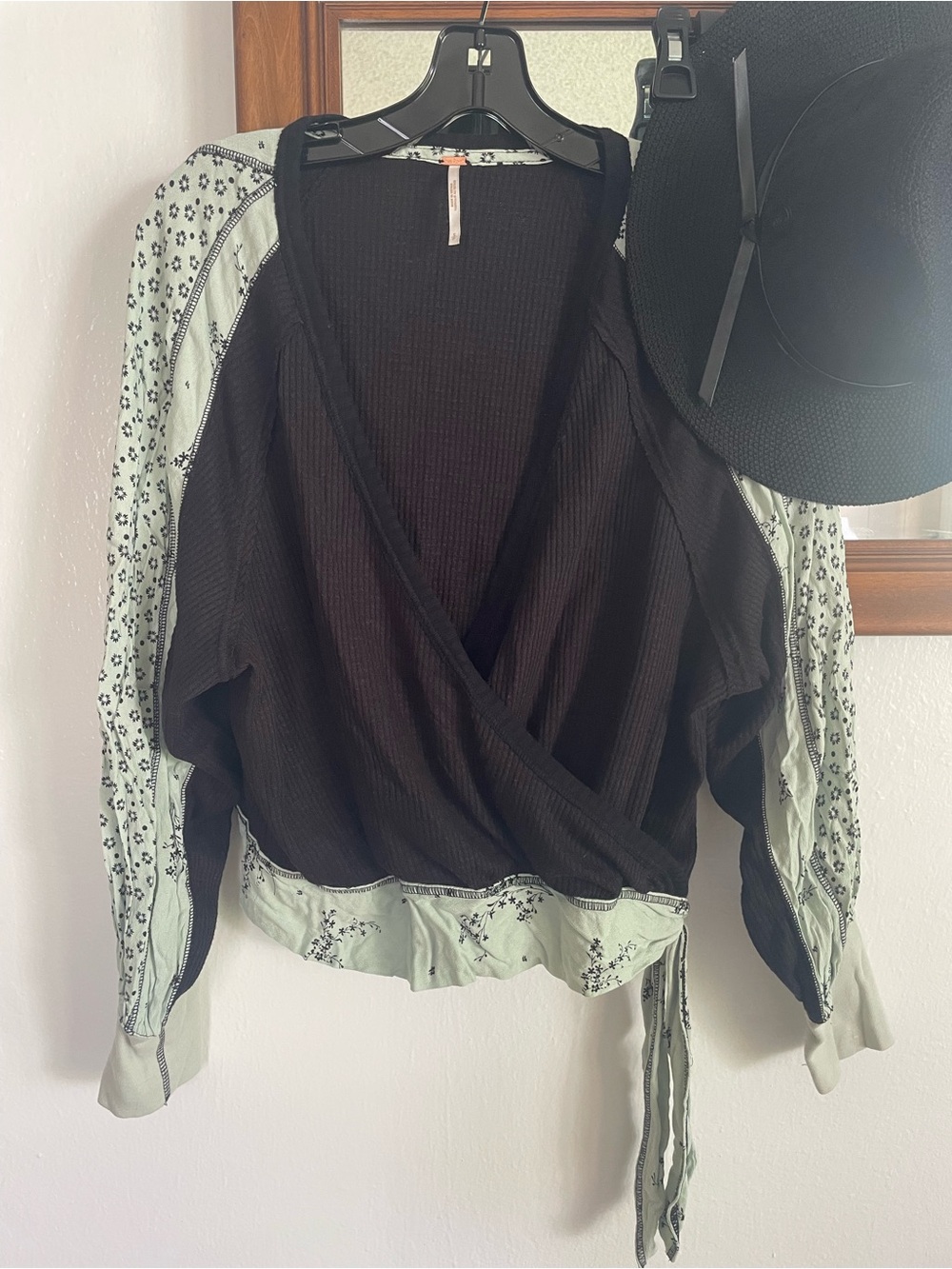 Free People Black Wrap Top with Mint Floral Trim